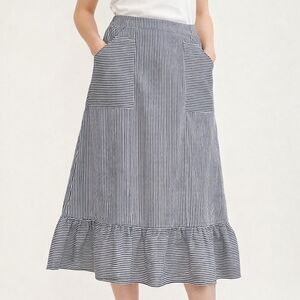 Louche Ramona Ticking Stripe Skirt Size US 12 Navy White Cotton Ruffle Hem
